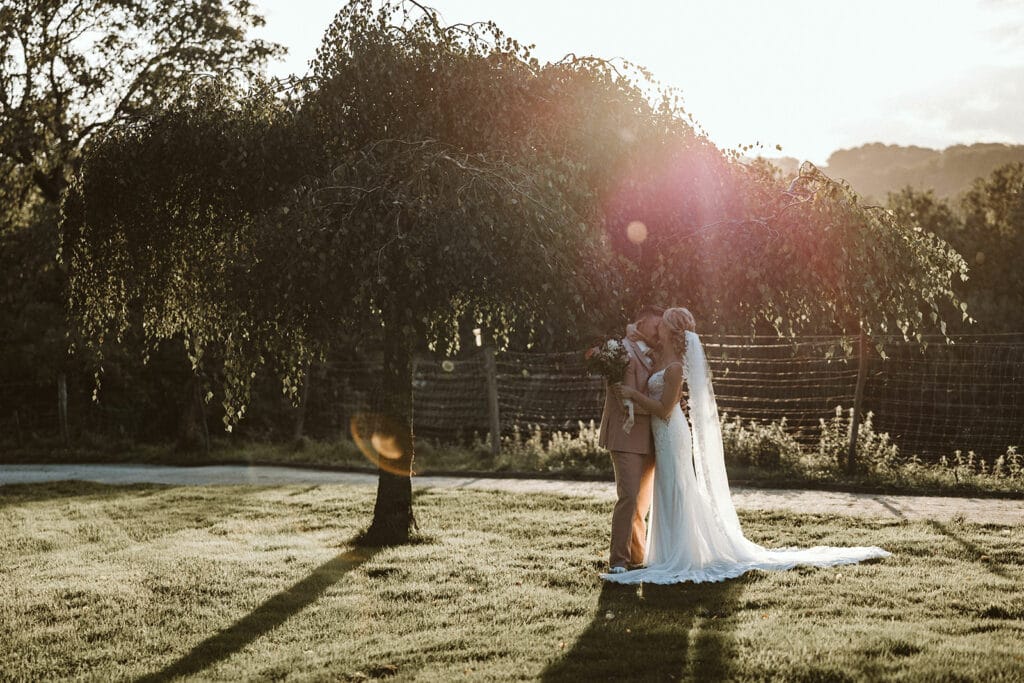 Die Farm Essen die Straußenfarm Essen Hochzeitsfotograf - Brautpaar-Session im Sonnenuntergang unter einem Baum auf grüner Wiese