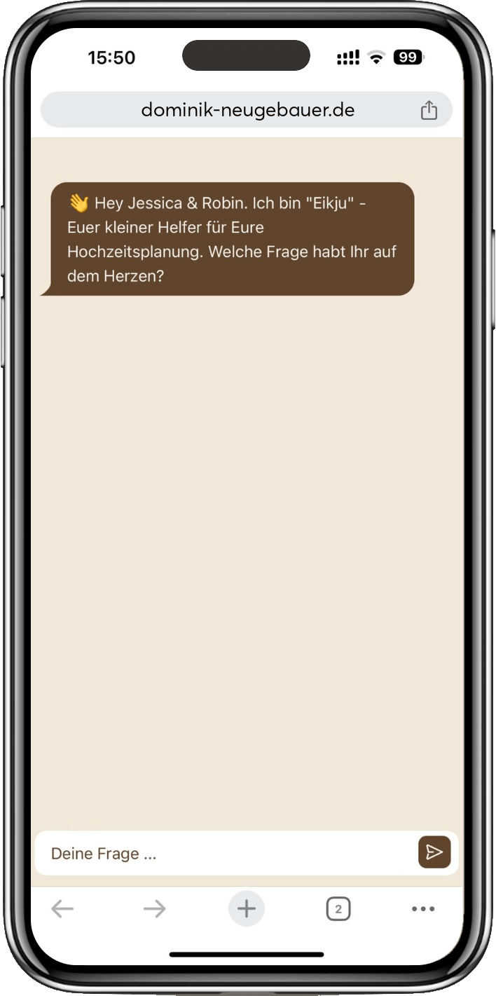 Hochzeit Heiraten Hochzeitsfotograf Dominik Neugebauer - Virtueller Hochzeitsplaner Begrüßung des Brautpaares auf einem iPhone