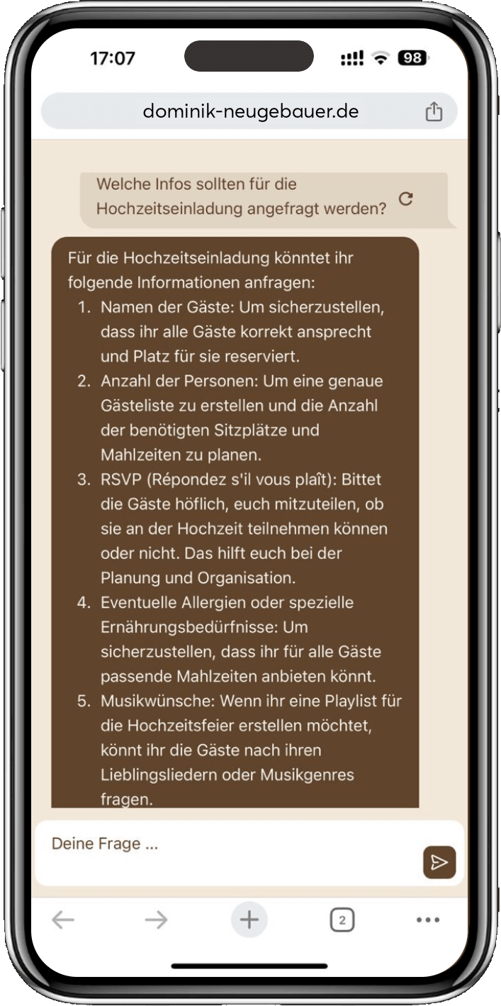 Hochzeit Heiraten Hochzeitsfotograf Dominik Neugebauer - Virtueller Hochzeitsplaner fünfte Frage