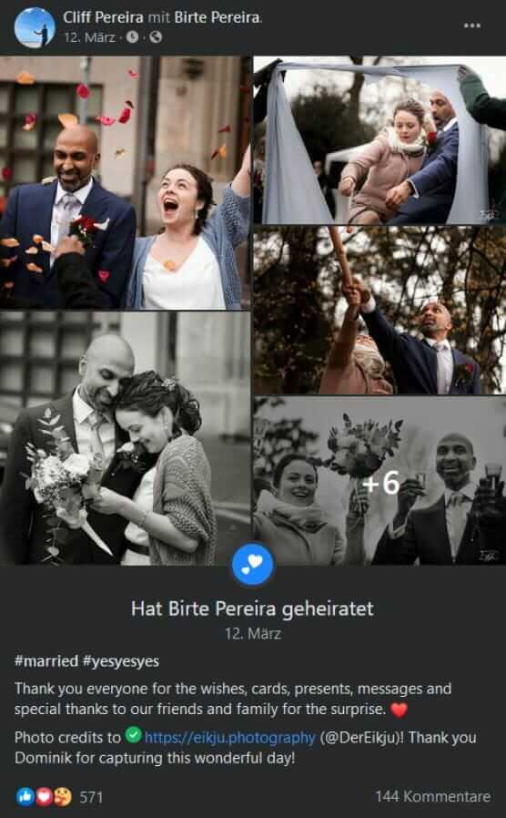 Unplugged Wedding - Handy und Smartphones zu Hause lassen - Facebook-Beitrag eines Hochzeitspaar mit vielen Reaktionen auf deren großen Tag