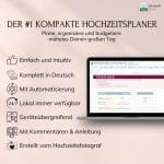 Werbung für einen kompakten Hochzeitsplaner in Microsoft Excel mit Laptop-Screenshot. Vorteile: intuitiv, auf Deutsch, mit Automatisierung, überall verfügbar, geräteübergreifend, mit Anleitung, von Hochzeitsfotograf erstellt.