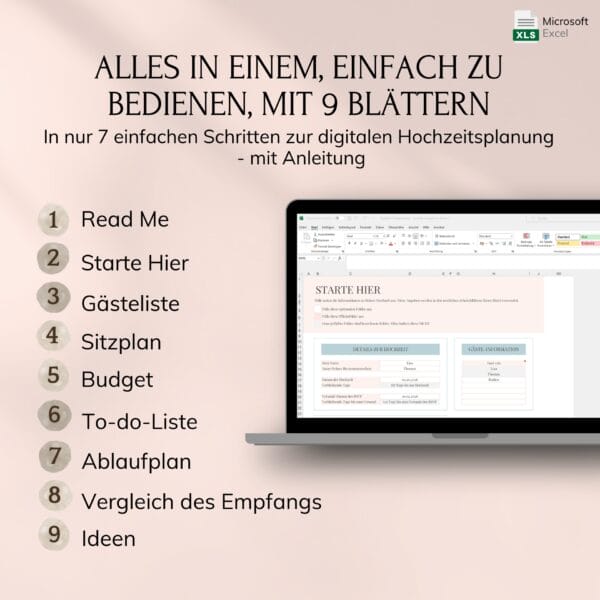 digitaler-hochzeitsplaner-microsoft-excel (2) Eine digitale Excel-Vorlage für die Hochzeitsplanung wird auf einem Laptop-Bildschirm angezeigt, mit einer Liste von 9 Arbeitsblattnamen auf der linken Seite und Anweisungen darüber, vor einem beigen Hintergrund.