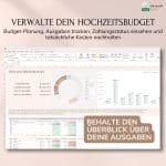 Screenshot eines Microsoft Excel-Hochzeitsbudgetplaners mit Diagrammen, Tabellen und hervorgehobenen Abschnitten sowie deutschem Text, der für die Verwaltung des Budgets, den Überblick über die Ausgaben und den Zahlungsstatus wirbt.
