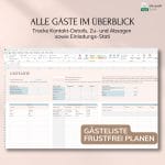 Screenshot einer deutschen Excel-Gästelistenvorlage mit Spalten für Namen, Kontaktdaten, Antwortvorgaben und Einladungsstatus, mit Texthervorhebung zur einfachen Verwaltung und Planung von Veranstaltungsgästen.