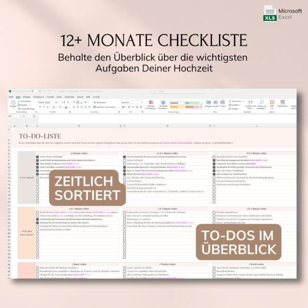 digitaler-hochzeitsplaner-microsoft-excel (5) Screenshot einer Checkliste für die Hochzeitsplanung in Microsoft Excel mit dem Titel "12+ Monate Checkliste", die eine To-Do-Liste mit zeitlich geordneten Aufgaben und einer klaren Übersicht über wichtige Aufgaben zeigt.