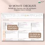 Screenshot einer Checkliste für die Hochzeitsplanung in Microsoft Excel mit dem Titel "12+ Monate Checkliste", die eine To-Do-Liste mit zeitlich geordneten Aufgaben und einer klaren Übersicht über wichtige Aufgaben zeigt.