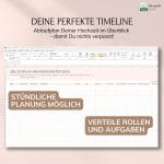 Es wird ein Screenshot einer Excel-Tabelle mit dem Titel Ablaufplan des Hochzeitstages gezeigt, mit Text, der auf die stündliche Planung und die Möglichkeit hinweist, Rollen und Aufgaben für die Hochzeitsorganisation zuzuweisen.