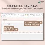 Screenshot einer Excel-Vorlage für einen Sitzplan in deutscher Sprache mit dem Titel Sitzplan. Das Blatt hat beschriftete Abschnitte für Tischnamen und Sitzplätze für Gäste. Der hervorgehobene Text lautet: Benenne deine Tische und Mit Kalkulator freie Plätze.