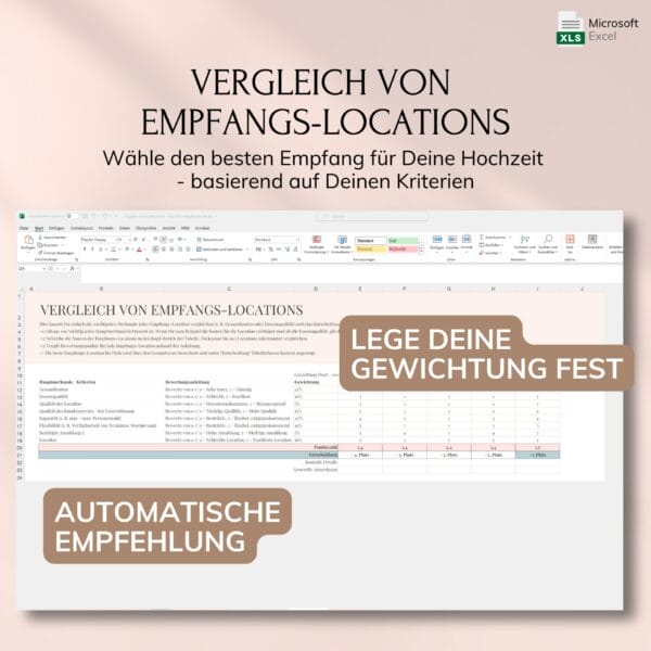 digitaler-hochzeitsplaner-microsoft-excel (8) Ein Screenshot einer Excel-Tabelle zur Bewertung von Hochzeitslocations. Darüber der Text: "Vergleich von Empfangs-Locations". Zwei Sprechblasen sagen: "Lege deine Gewichtung fest" und "Automatische Empfehlung".