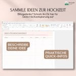 Eine deutsche Excel-Vorlage zur Hochzeitsplanung auf einem Computerbildschirm mit dem Titel "Sammle Ideen zur Hochzeit". Sie hat Abschnitte mit der Bezeichnung "Beschreibe deine Idee" und "Praktische Quick-Infos", wobei die Excel-Oberfläche sichtbar ist.