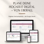 Der "Digitaler Hochzeitsplaner - Google" wird auf Laptop, Tablet, Smartphone und Desktop gezeigt. Deutschsprachiger Text wirbt fürs digitale Hochzeitsplanen von überall mit Google Sheets.