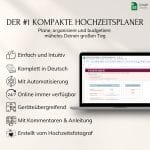 Werbegrafik für "Digitaler Hochzeitsplaner - Google": eine deutschsprachige Hochzeitsplanervorlage in Google Sheets mit Automatisierung, einfacher Nutzung, 24/7-Zugang, geräteübergreifender Unterstützung, Kommentaren, Anleitungen und gestaltet von einem Hochzeitsfotografen.