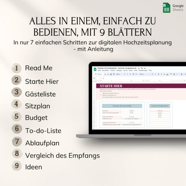 digitaler-hochzeitsplaner-microsoft-google (2) Der Digitale Hochzeitsplaner - Google ist ein organisiertes und benutzerfreundliches Tool zur Hochzeitsplanung in Google Sheets mit 9 Abschnitten für Aufgaben wie Gästeliste, Sitzordnung, Budget, To-Do-Liste, Zeitplan, Checkliste für den Empfang und Ideen.
