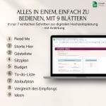 Der Digitale Hochzeitsplaner - Google ist ein organisiertes und benutzerfreundliches Tool zur Hochzeitsplanung in Google Sheets mit 9 Abschnitten für Aufgaben wie Gästeliste, Sitzordnung, Budget, To-Do-Liste, Zeitplan, Checkliste für den Empfang und Ideen.