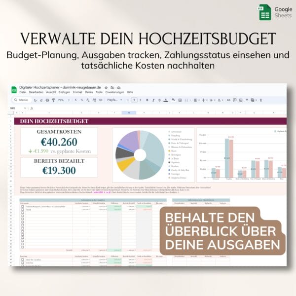 digitaler-hochzeitsplaner-microsoft-google (3) Der Digitaler Hochzeitsplaner - Google bietet Budgetplanung, Ausgabenverfolgung und Kostenübersicht in Google Sheets mit Diagrammen, Gesamtsummen und Zahlungsstatus. Box: BEHALTE DEN ÜBERBLICK ÜBER DEINE AUSGABEN.