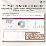 Der Digitaler Hochzeitsplaner - Google bietet Budgetplanung, Ausgabenverfolgung und Kostenübersicht in Google Sheets mit Diagrammen, Gesamtsummen und Zahlungsstatus. Box: BEHALTE DEN ÜBERBLICK ÜBER DEINE AUSGABEN.
