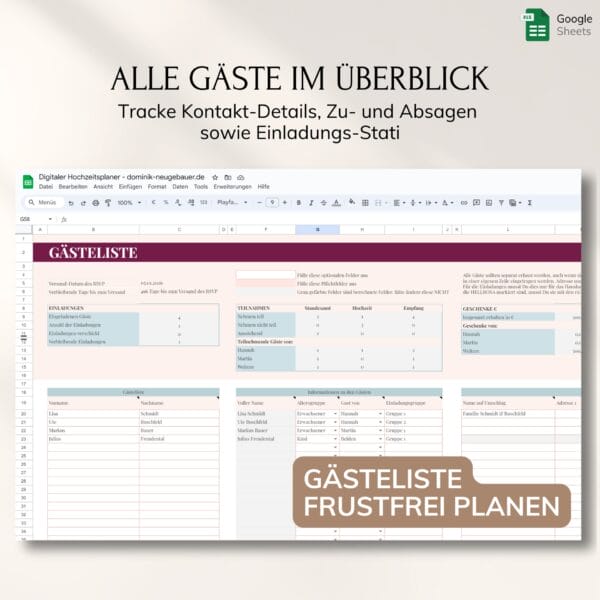 digitaler-hochzeitsplaner-microsoft-google (4) Screenshot der Vorlage Digitaler Hochzeitsplaner - Google Gästeliste mit Tabellen für Kontaktinformationen, RSVP und Antworten. Oben erscheint "ALLE GÄSTE IM ÜBERBLICK", mit einem Feld "GÄSTELISTE FRUSTFREI PLANEN".