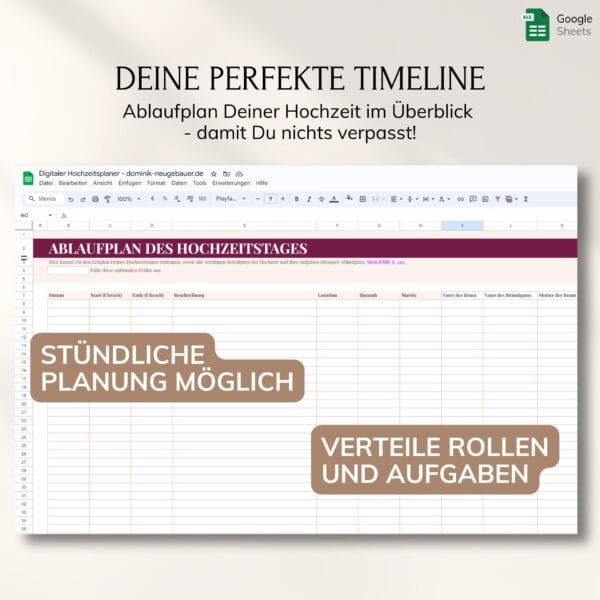 digitaler-hochzeitsplaner-microsoft-google (6) Ein Screenshot des Digitalen Hochzeitsplaners - Google zeigt eine Hochzeitsplanungstabelle mit dem Titel Ablaufplan des Hochzeitstages. Auf beigefarbenem Hintergrund sind die Einblendungen Stündliche Planung möglich und Verteilte Rollen und Aufgaben zu sehen.