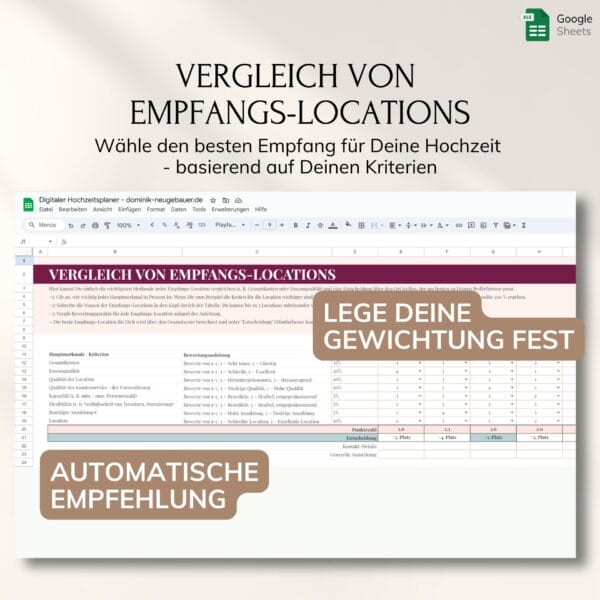 digitaler-hochzeitsplaner-microsoft-google (8) Ein Screenshot des "Digitalen Hochzeitsplaners - Google" zeigt eine Tabelle zum Vergleich von Hochzeitslocations, mit Texteinblendungen "Lege deine Gewichtung fest" und "Automatische Empfehlung". Die Überschrift lautet: Vergleich von Empfangs-Locations.