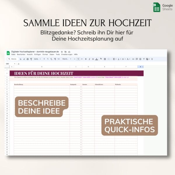 digitaler-hochzeitsplaner-microsoft-google (9) Screenshot des "Digitaler Hochzeitsplaner - Google" mit Abschnitten für Hochzeitsideen und praktischen Infos, überlagert von deutschem Text, der empfiehlt, Ideen für die Planung zu sammeln und festzuhalten.