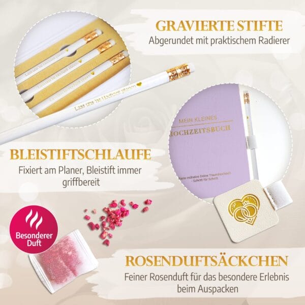 Mein kleines Hochzeitsbuch Hochzeitsplaner Wedding Planner Lila Amazon 5 Mein kleines Hochzeitsbuch Hochzeitsplaner Wedding Planner Lila Amazon - Gravierte Sfite - abgerundet mit praktischem Radierer - Bleistiftschlaufe - Fixiert am Planer, Bleistift immer griffbereit - Rosenduftsäckchen - Feiner Rosenduft für das besondere Erlebnis beim Auspacken besonderer Duft - Alle Hochzeitsgeschenke im Flatlay liegen nebeneinander und Zeigen das Set für Hochzeitsplanung
