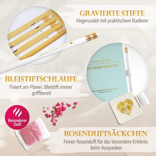 Mein kleines Hochzeitsbuch Hochzeitsplaner Wedding Planner Mint Amazon 5 Mein kleines Hochzeitsbuch Hochzeitsplaner Wedding Planner Mint Amazon - Gravierte Sfite - abgerundet mit praktischem Radierer - Bleistiftschlaufe - Fixiert am Planer, Bleistift immer griffbereit - Rosenduftsäckchen - Feiner Rosenduft für das besondere Erlebnis beim Auspacken besonderer Duft - Alle Hochzeitsgeschenke im Flatlay liegen nebeneinander und Zeigen das Set für Hochzeitsplanung