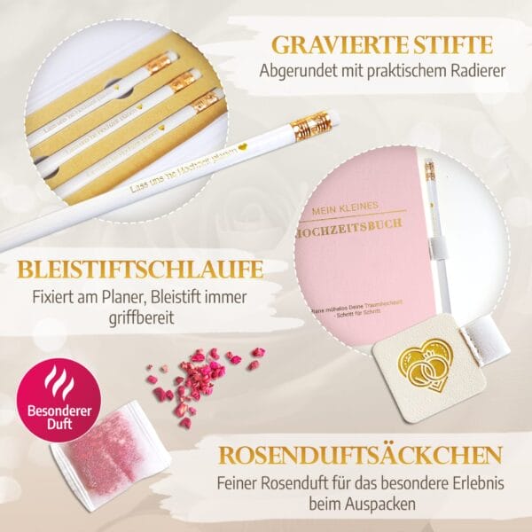 Mein kleines Hochzeitsbuch Hochzeitsplaner Wedding Planner Pink Amazon 5 Mein kleines Hochzeitsbuch Hochzeitsplaner Wedding Planner Pink Amazon - Gravierte Sfite - abgerundet mit praktischem Radierer - Bleistiftschlaufe - Fixiert am Planer, Bleistift immer griffbereit - Rosenduftsäckchen - Feiner Rosenduft für das besondere Erlebnis beim Auspacken besonderer Duft - Alle Hochzeitsgeschenke im Flatlay liegen nebeneinander und Zeigen das Set für Hochzeitsplanung