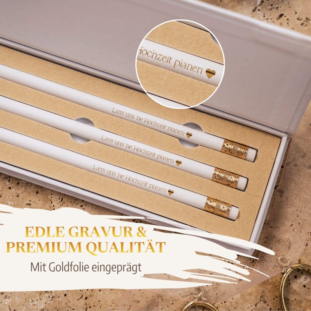 Weiße Bleistifte Set Hochzeit Hochzeitsplanung Gold Gravur Radiergummi - Edle Gravur und Premium Qualität - Mit Goldfolie eingeprägt - Lass uns eine Hochzeit planen - goldenes Herz