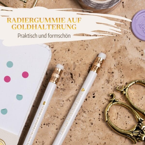 Weiße Bleistifte Set Hochzeit Hochzeitsplanung Gold Gravur Radiergummi 4 Weiße Bleistifte Set Hochzeit Hochzeitsplanung Gold Gravur Radiergummi - Radiergummi auf Goldhalterung - Praktisch und formschön - Ferulle mit weißem Radiergummi am Ende des Bleistifts