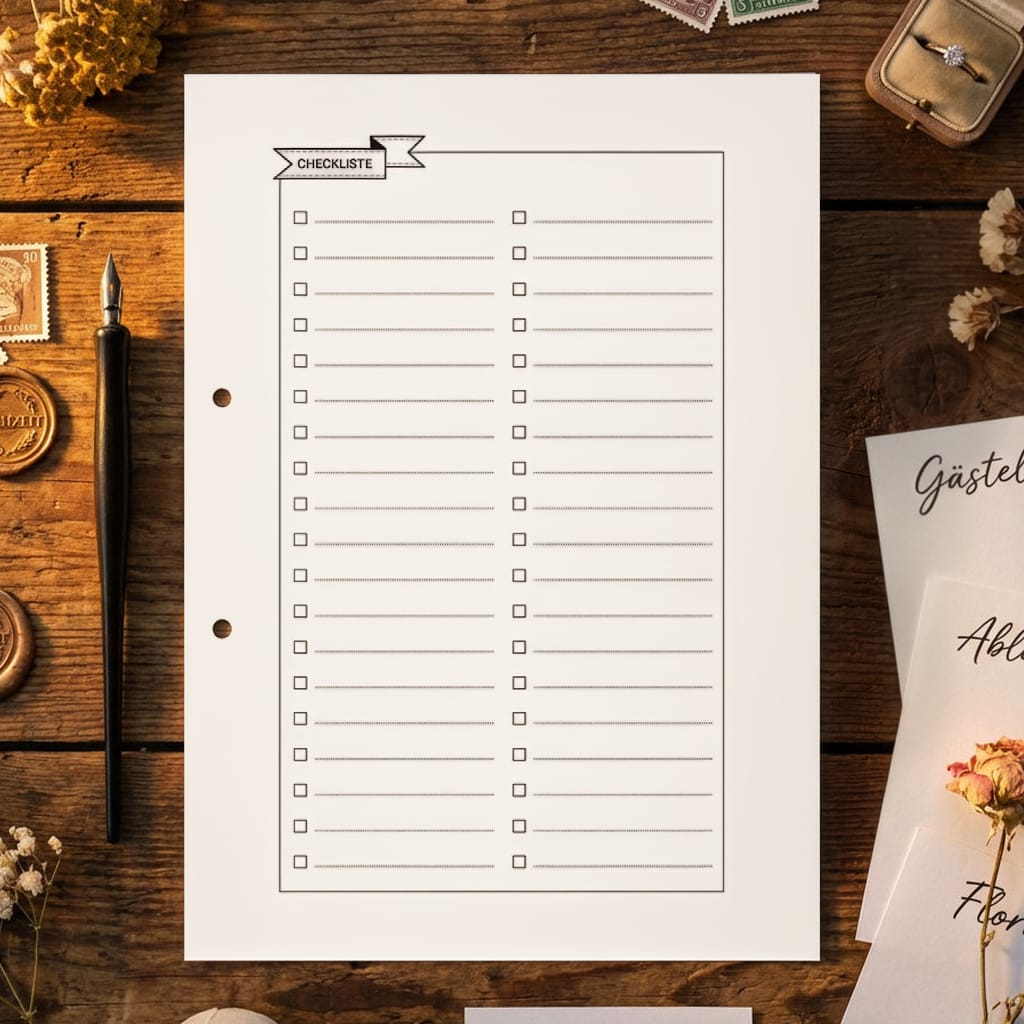 Eine leere Checklistenseite mit Kästchen und Linien, betitelt "Checkliste", liegt auf einem Holztisch, umgeben von alten Briefmarken, einem Füllfederhalter, Trockenblumen und Papierumschlägen.