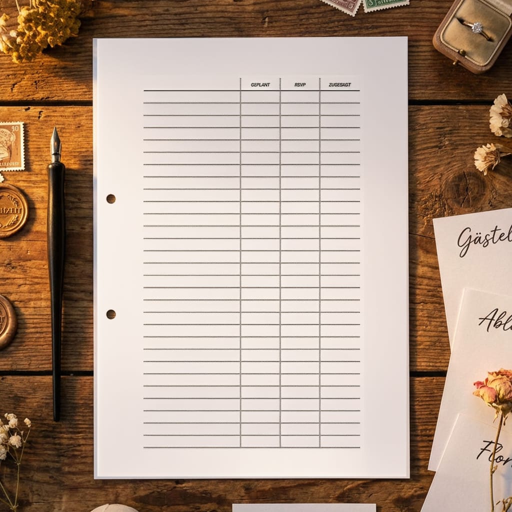 Auf einem Holztisch liegt ein leeres Blatt mit Spalten, die mit "Geplant", "RSVP" und "Zugesagt" beschriftet sind, und daneben liegen ein Stift, Briefmarken, Trockenblumen und Einladungsumschläge.