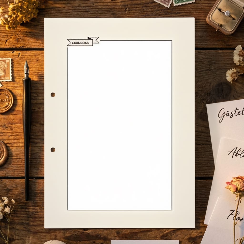 Ein leeres Blatt Papier, das oben mit GRUNDRISS beschriftet ist, liegt auf einem hölzernen Schreibtisch, umgeben von Briefmarken, einem Füllfederhalter, Trockenblumen und Umschlägen mit kursiver Schrift.