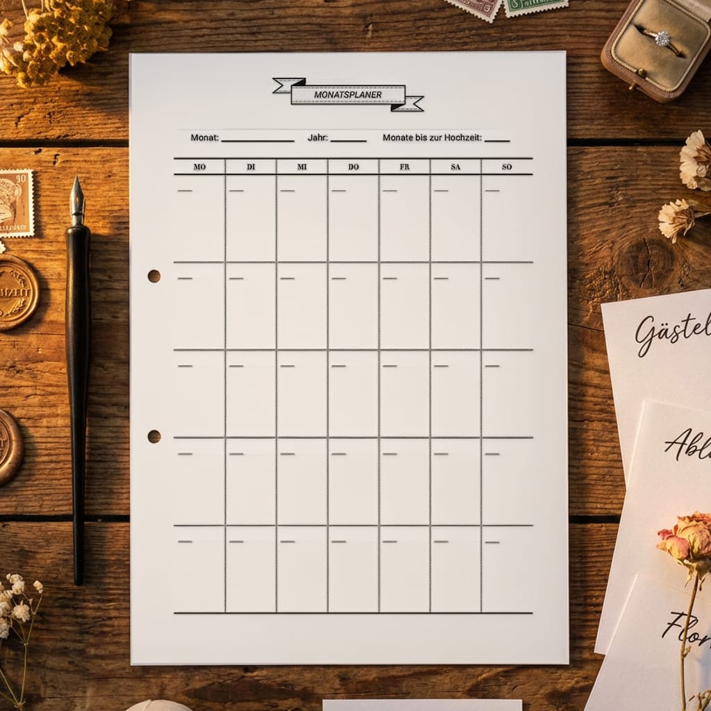 Eine leere Monatsplanerseite auf einem hölzernen Schreibtisch, umgeben von einem Füllfederhalter, Trockenblumen, Stempeln und Schreibwaren zum Thema Hochzeit. Der Planer hat Spalten für die Wochentage und Abschnitte für den Monat und das Jahr.