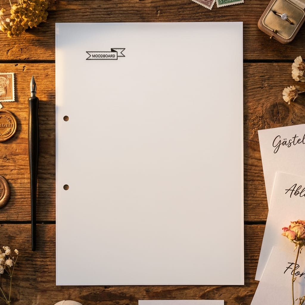 Ein leeres Blatt mit der Aufschrift Moodboard auf einem Holztisch, umgeben von alten Stempeln, einem Dip Pen, einem Wachssiegel, getrockneten Blumen und kalligrafischen Umschlägen.