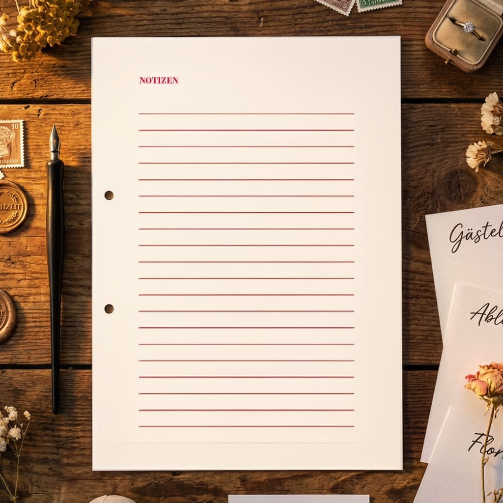 Ein rot beschriftetes Blatt liniertes Papier mit der Aufschrift NOTIZEN liegt auf einem hölzernen Schreibtisch, umgeben von einem Füllfederhalter, Briefmarken, Blumen, Umschlägen und anderen Schreibwaren.